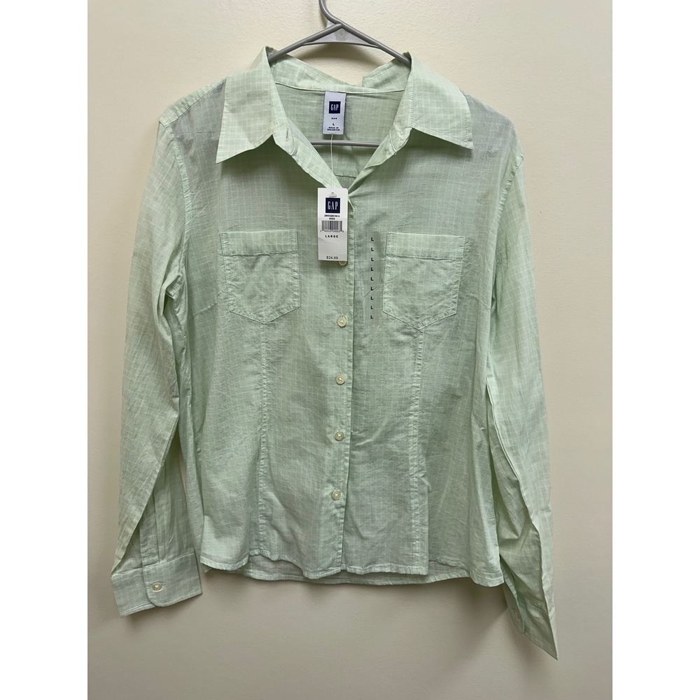Gap Womens Large Mint Green Grid Long Sleeve Cotton Button Down Shirt NWT